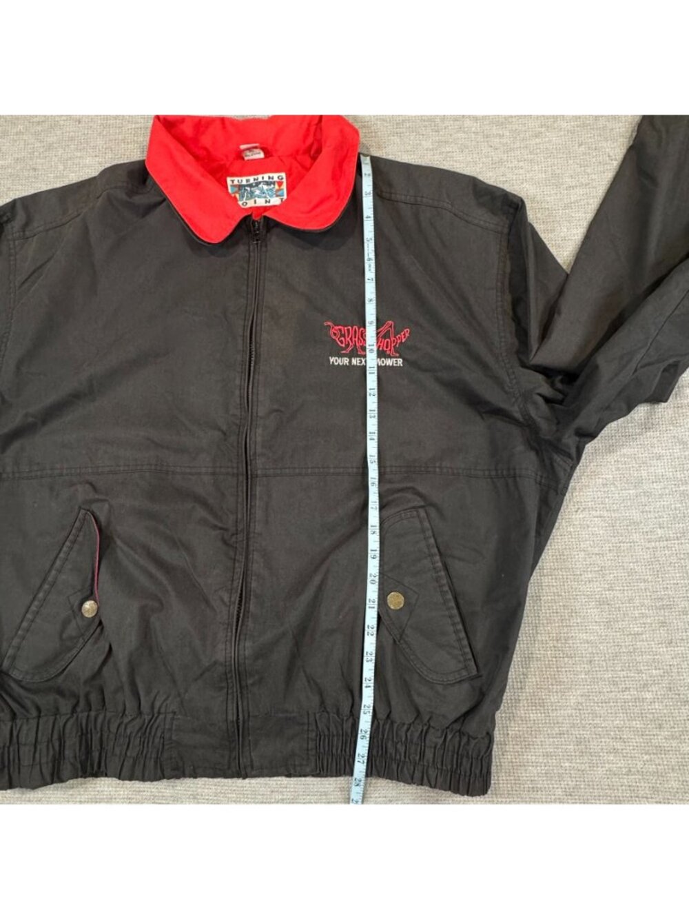 Vintage Turning Point Grasshopper Your Next Mower Jacket Size XL Black Red Pocke - Picture 12 of 16